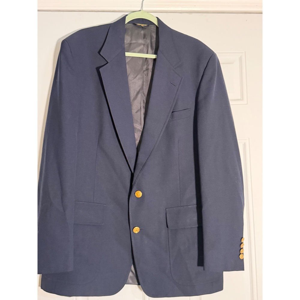 Country Club Blazer Mens 44R Navy Blue Two Button Gold Crest Button Sport Coat